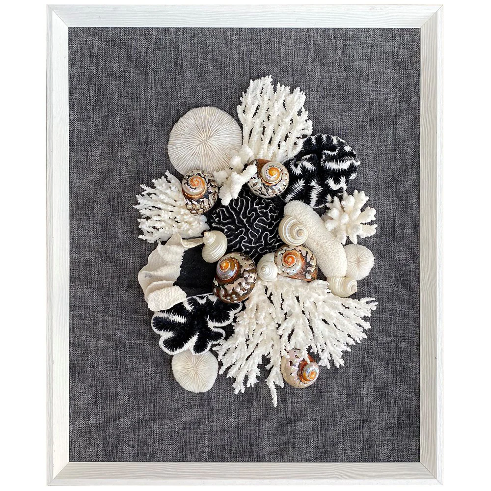 Natural Coral in Black on Grey Linen Wall Art - Image 4